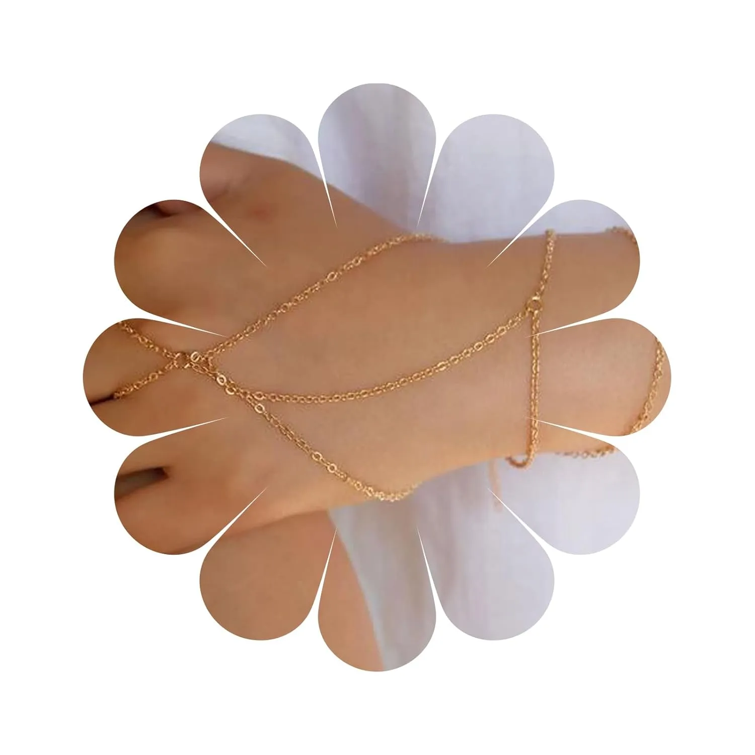 Boho Finger Ring Bracelet Gold Layered Tassel Chain Bracelet Ring Wrist Bracelet Vintage Slave Bracelet Hand Harness Chain Bracelet Jewelry for Women Gifts for Her (Gold)