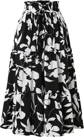 Boho Floral Maxi Skirts for Women Womens A-Line Pleated Long Skirts High Waisted Flowy Summer Dresses