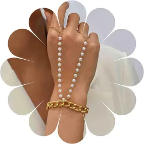 Boho Layered Pearl Finger Bracelet Gold Slave Bracelet Vintage Finger Chain Bracelet Summer Ring Bracelet Pearl Wedding Bracelet Hand Chain Jewelry for Women Gifts