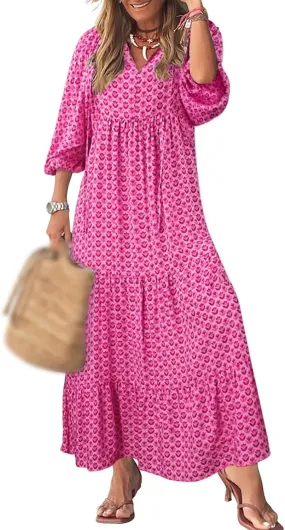 Boho Maxi Dresses for Women Fashion Floral V Neck Puff Half Sleeve Sundress Flowy Smocked Vacation Beach Long Dress