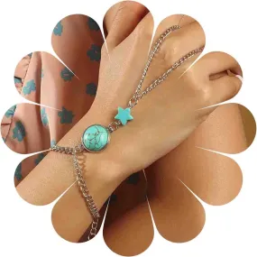 Boho Turquoise Finger Bracelet Vintage Slave Bracelet Silver Turquoise Finger Chain Bracelet Summer Ring Bracelet Everyday Bracelet Hand Chain Jewelry for Women
