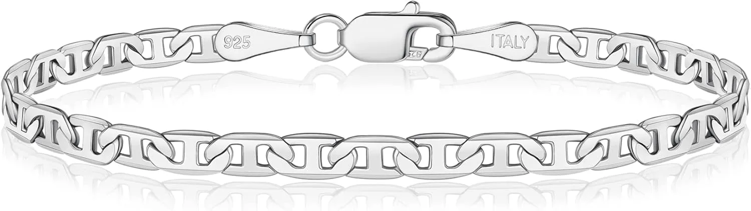 BRIJEWNES 925 Sterling Silver Clasp 4mm Mariner Chain Bracelet for Men Women Solid Diamond Cut Mens Bracelet Chain Bracelets for Women Jewelry Women Mens Gifts