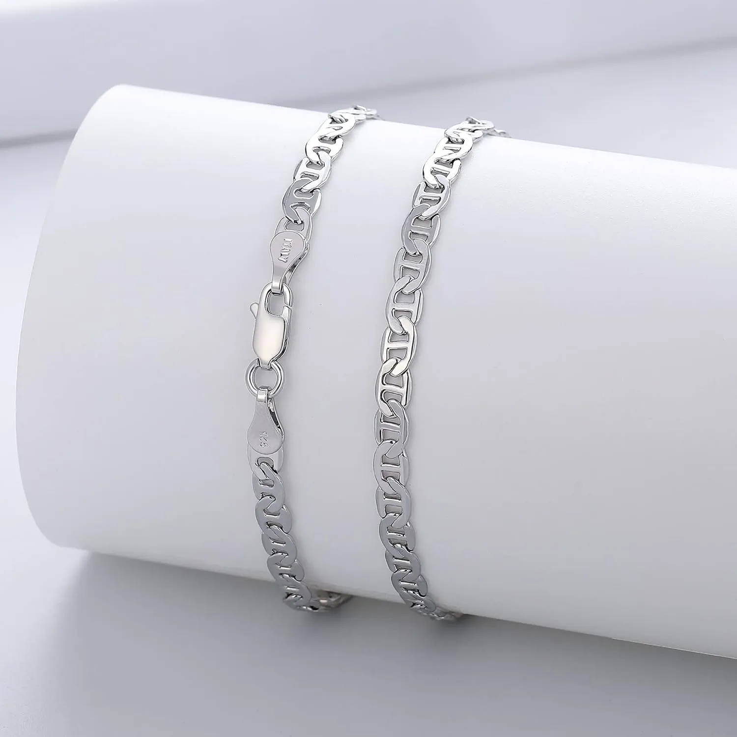 BRIJEWNES 925 Sterling Silver Clasp 4mm Mariner Chain Bracelet for Men Women Solid Diamond Cut Mens Bracelet Chain Bracelets for Women Jewelry Women Mens Gifts