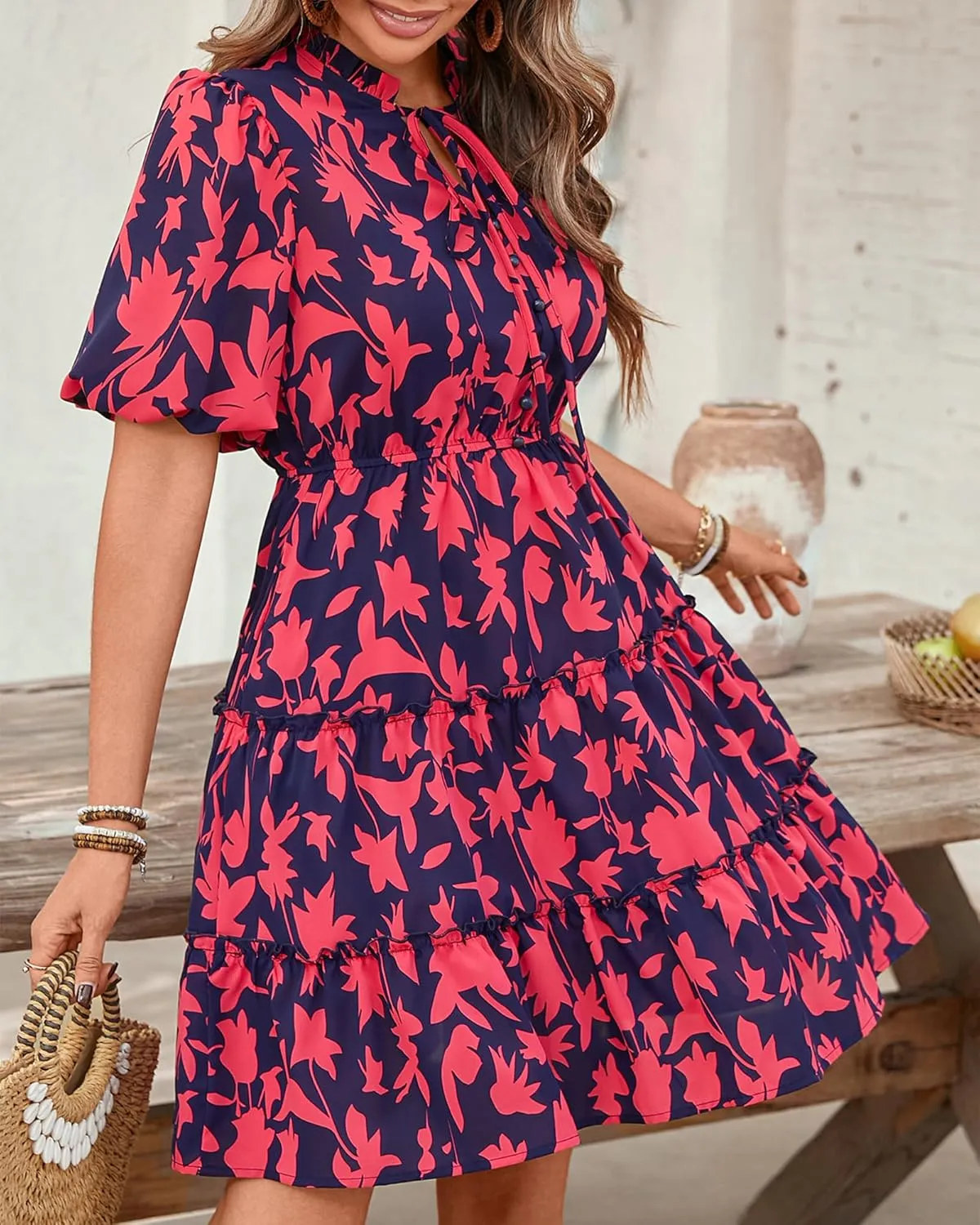 BTFBM Women Summer Floral Short Dresses V Neck Short Sleeve Tiered Ruffle Boho Swing Dress A-Line Mini Dresses