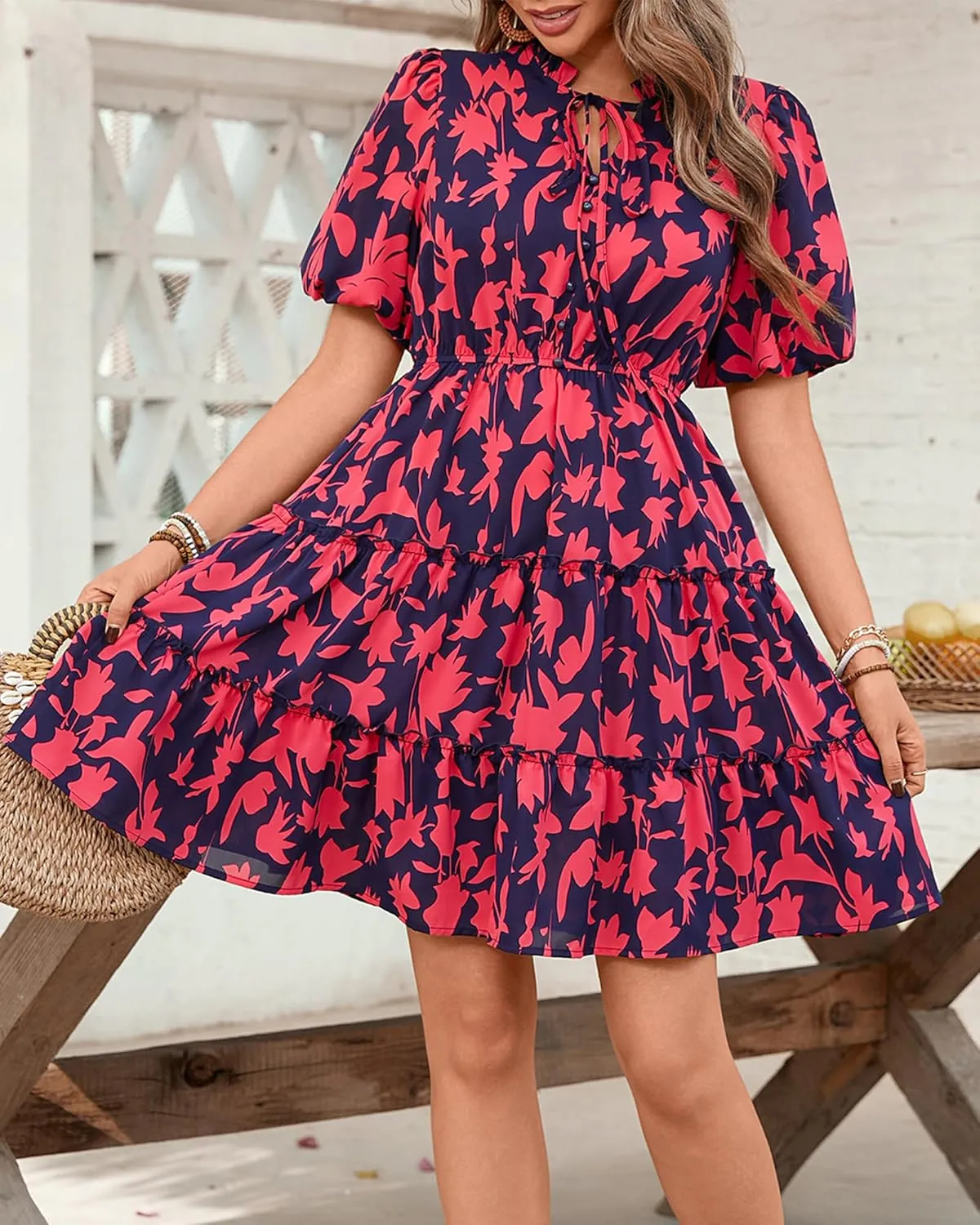 BTFBM Women Summer Floral Short Dresses V Neck Short Sleeve Tiered Ruffle Boho Swing Dress A-Line Mini Dresses