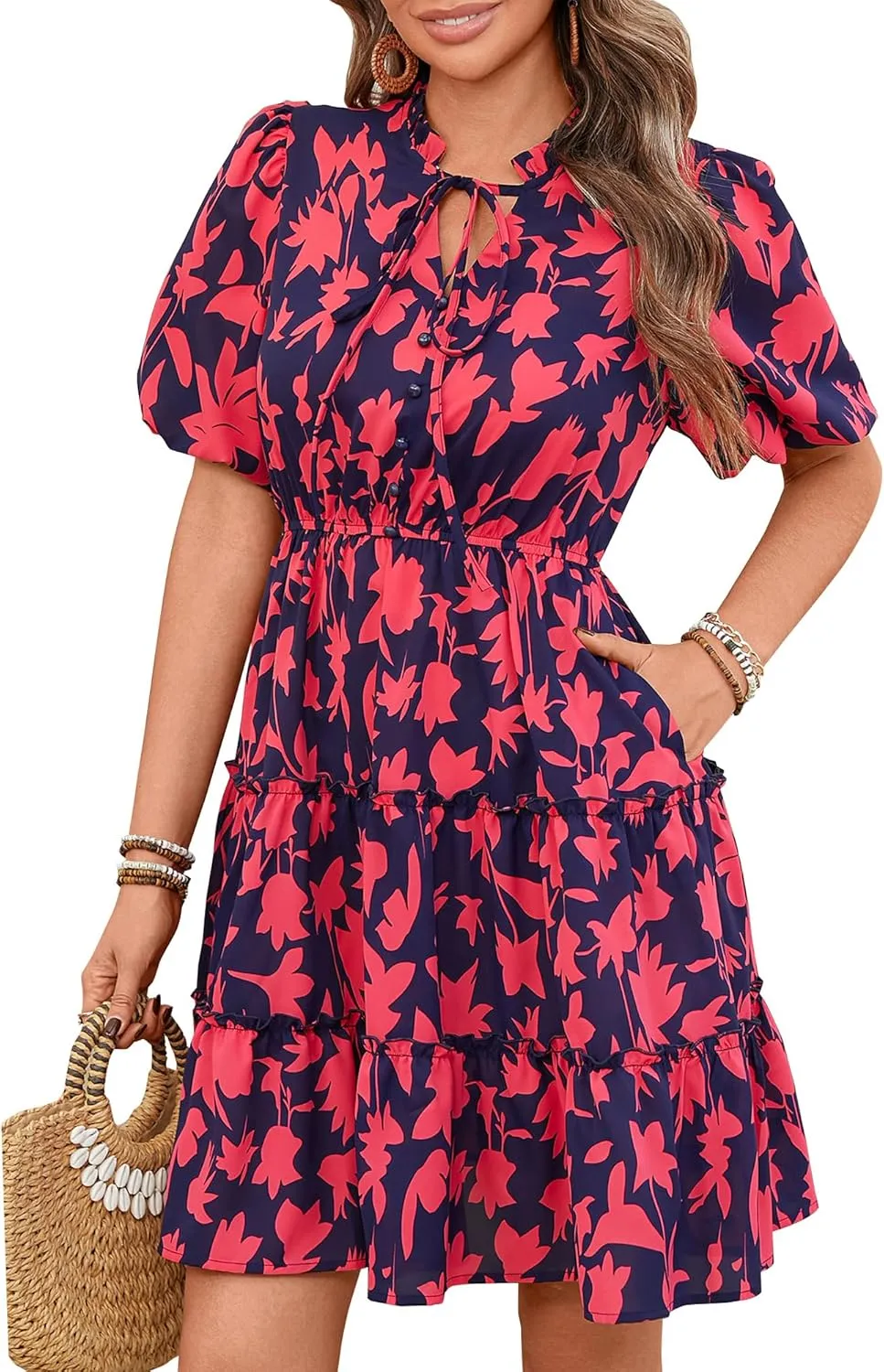 BTFBM Women Summer Floral Short Dresses V Neck Short Sleeve Tiered Ruffle Boho Swing Dress A-Line Mini Dresses