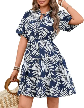 BTFBM Women Summer Floral Short Dresses V Neck Short Sleeve Tiered Ruffle Boho Swing Dress A-Line Mini Dresses