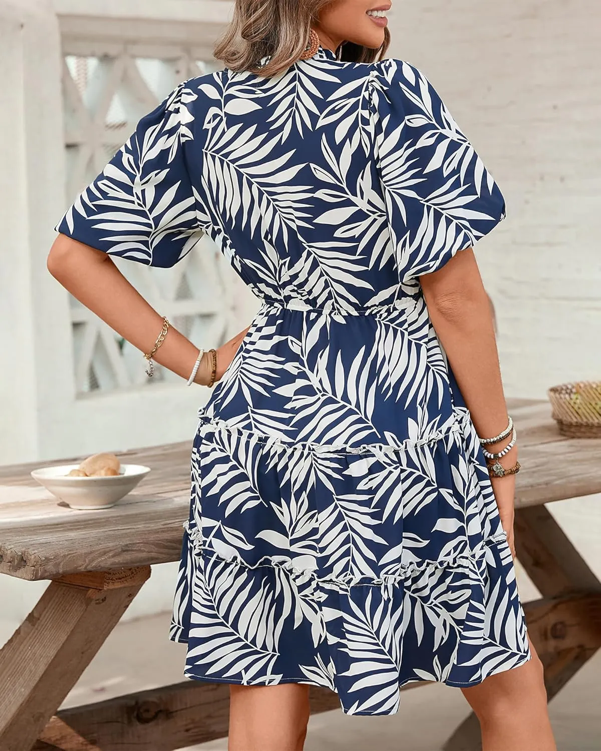 BTFBM Women Summer Floral Short Dresses V Neck Short Sleeve Tiered Ruffle Boho Swing Dress A-Line Mini Dresses