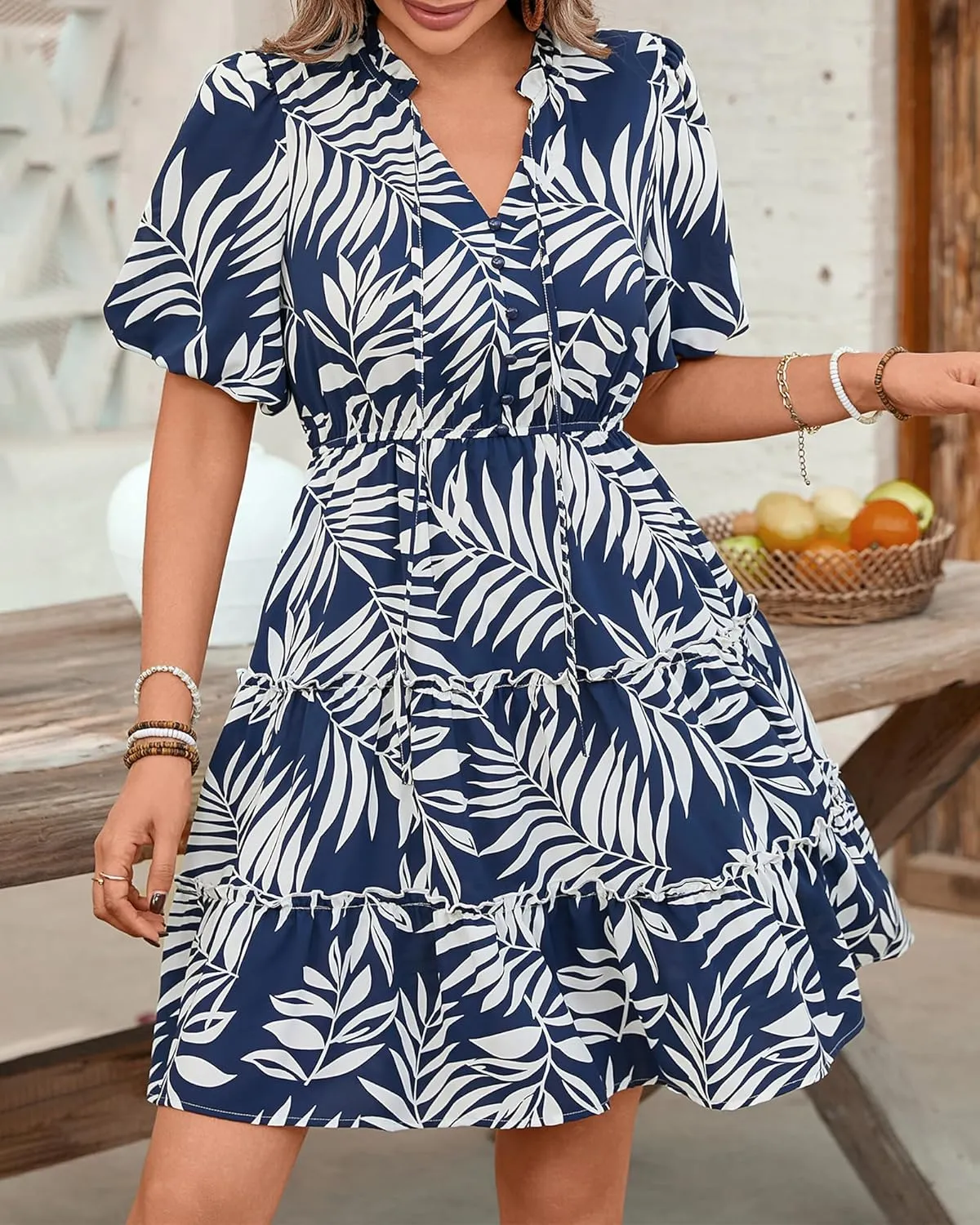 BTFBM Women Summer Floral Short Dresses V Neck Short Sleeve Tiered Ruffle Boho Swing Dress A-Line Mini Dresses