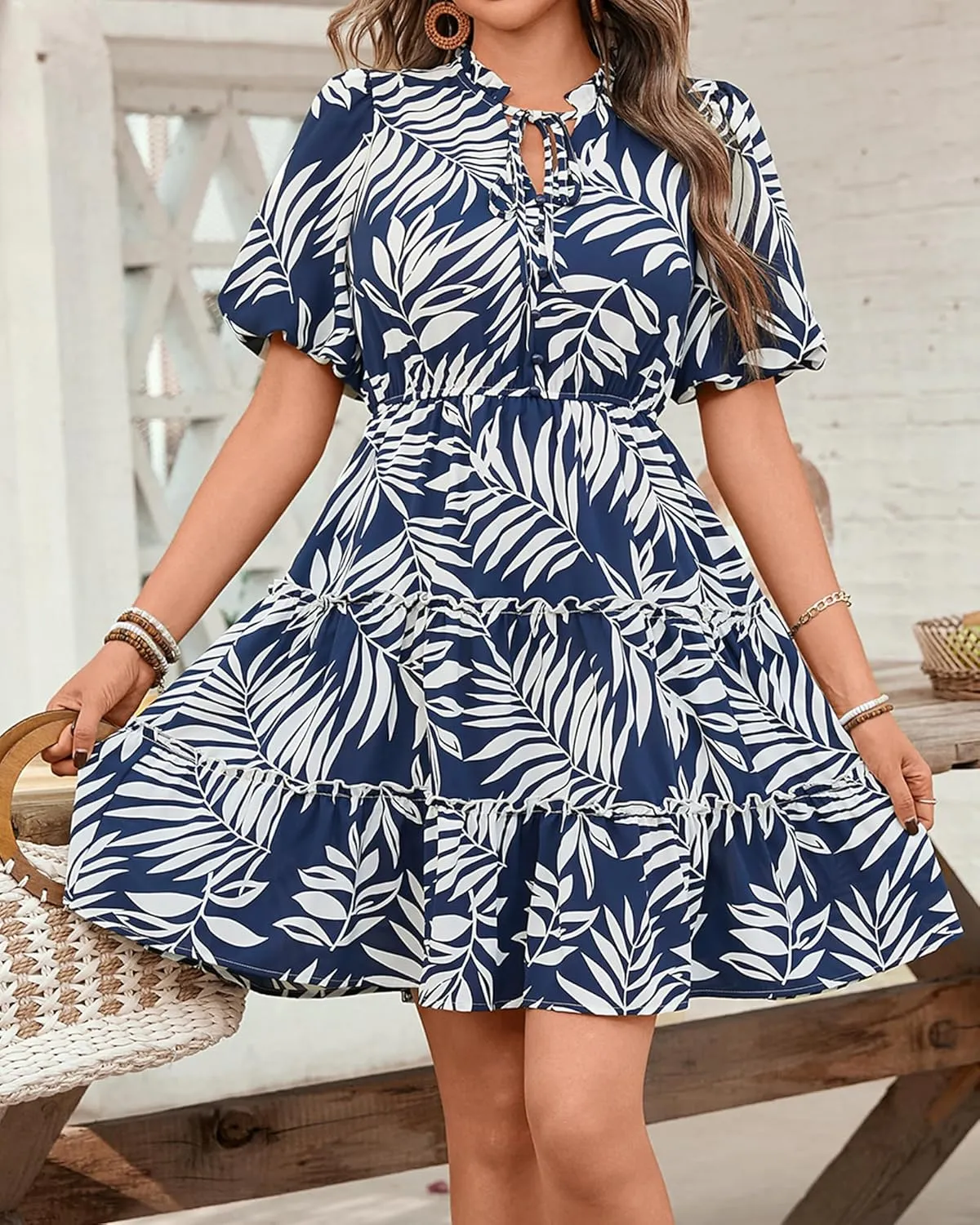 BTFBM Women Summer Floral Short Dresses V Neck Short Sleeve Tiered Ruffle Boho Swing Dress A-Line Mini Dresses