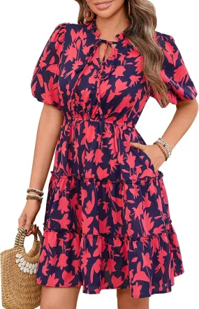 BTFBM Women Summer Floral Short Dresses V Neck Short Sleeve Tiered Ruffle Boho Swing Dress A-Line Mini Dresses