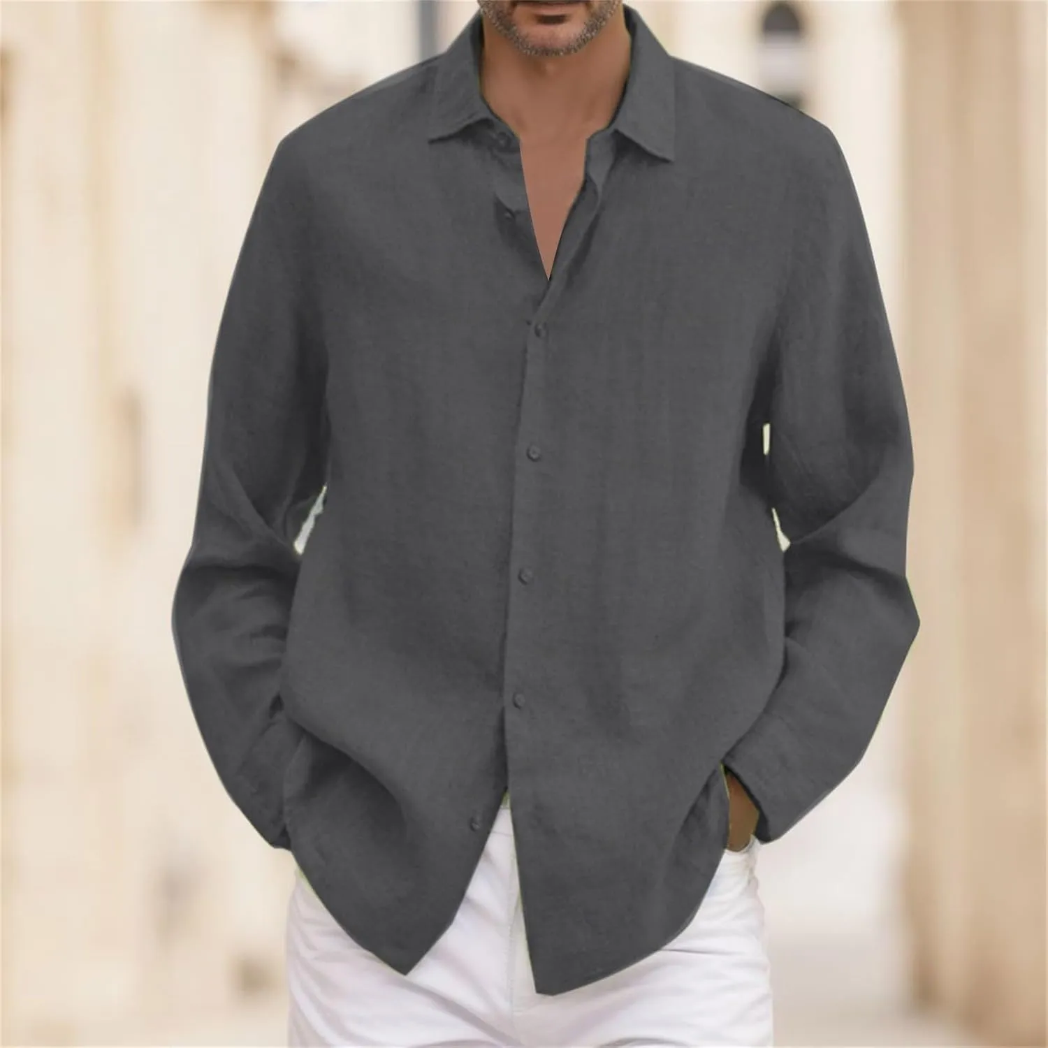 Button Down Linen Dress Shirts for Men Casual Cotton Long Sleeve Solid Color Regular Fit Beach Summer Shirts