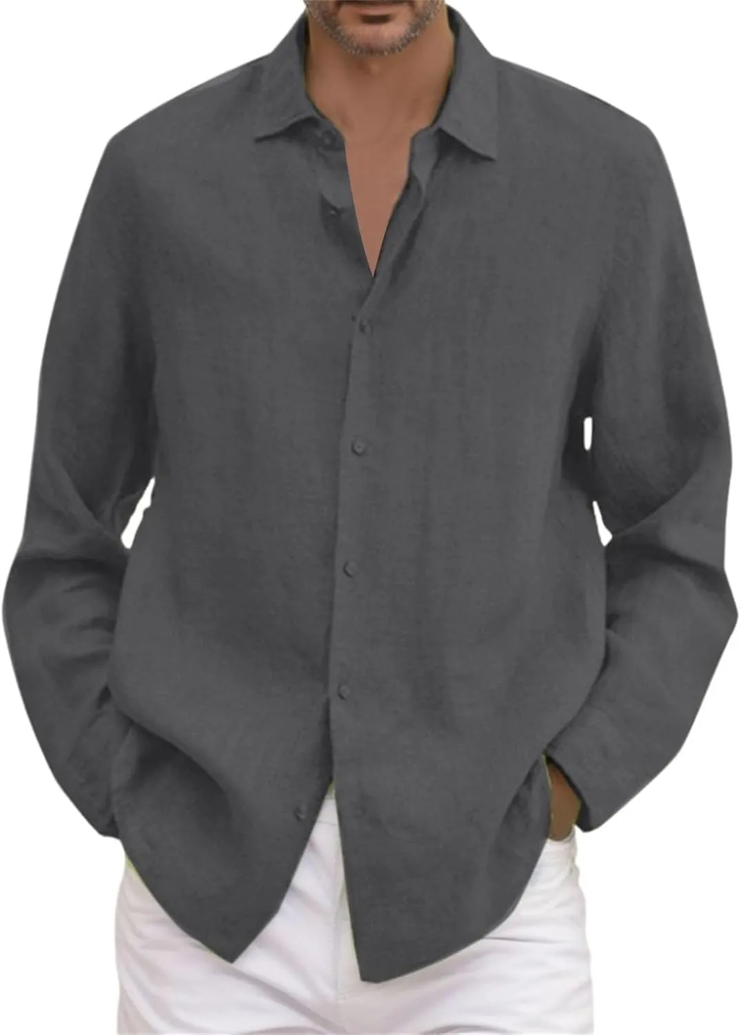 Button Down Linen Dress Shirts for Men Casual Cotton Long Sleeve Solid Color Regular Fit Beach Summer Shirts