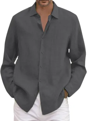 Button Down Linen Dress Shirts for Men Casual Cotton Long Sleeve Solid Color Regular Fit Beach Summer Shirts