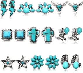 BVGA 9 Pairs Western Turquoise Stud Earrings Vintage Silver Turquoise Cowgirl Boots Lightning Cross Flower Stud Earrings Boho Gemstone Small Geometric Square Star Studs Turquoise Jewelry for Women Girls