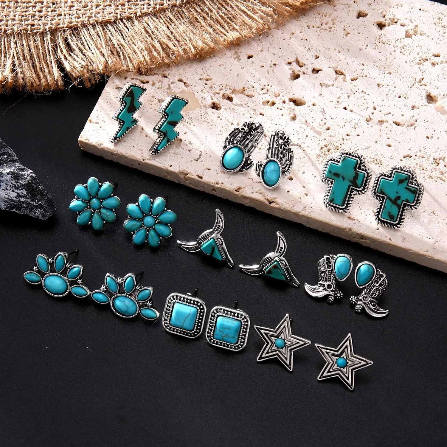 BVGA 9 Pairs Western Turquoise Stud Earrings Vintage Silver Turquoise Cowgirl Boots Lightning Cross Flower Stud Earrings Boho Gemstone Small Geometric Square Star Studs Turquoise Jewelry for Women Girls