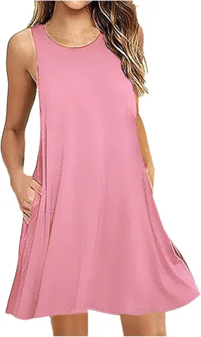 Canbebig Summer Dresses for Women Beach Solid Tshirt Sundress Sleeveless Casual Loose Swing Short Tank Dress with Pockets