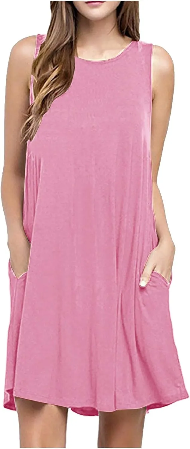 Canbebig Summer Dresses for Women Beach Solid Tshirt Sundress Sleeveless Casual Loose Swing Short Tank Dress with Pockets