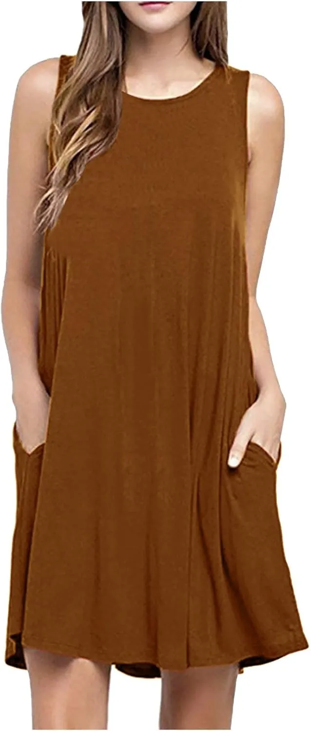 Canbebig Summer Dresses for Women Beach Solid Tshirt Sundress Sleeveless Casual Loose Swing Short Tank Dress with Pockets