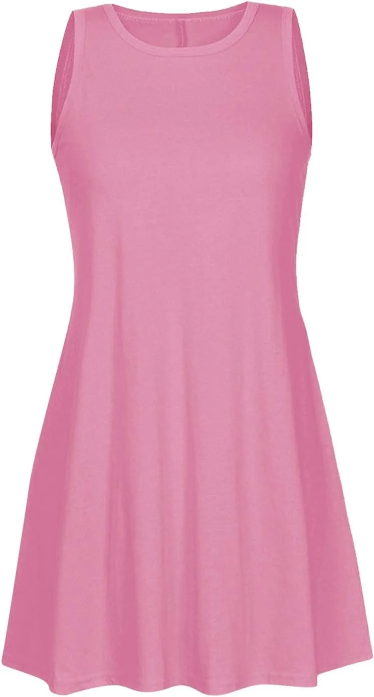 Canbebig Summer Dresses for Women Beach Solid Tshirt Sundress Sleeveless Casual Loose Swing Short Tank Dress with Pockets