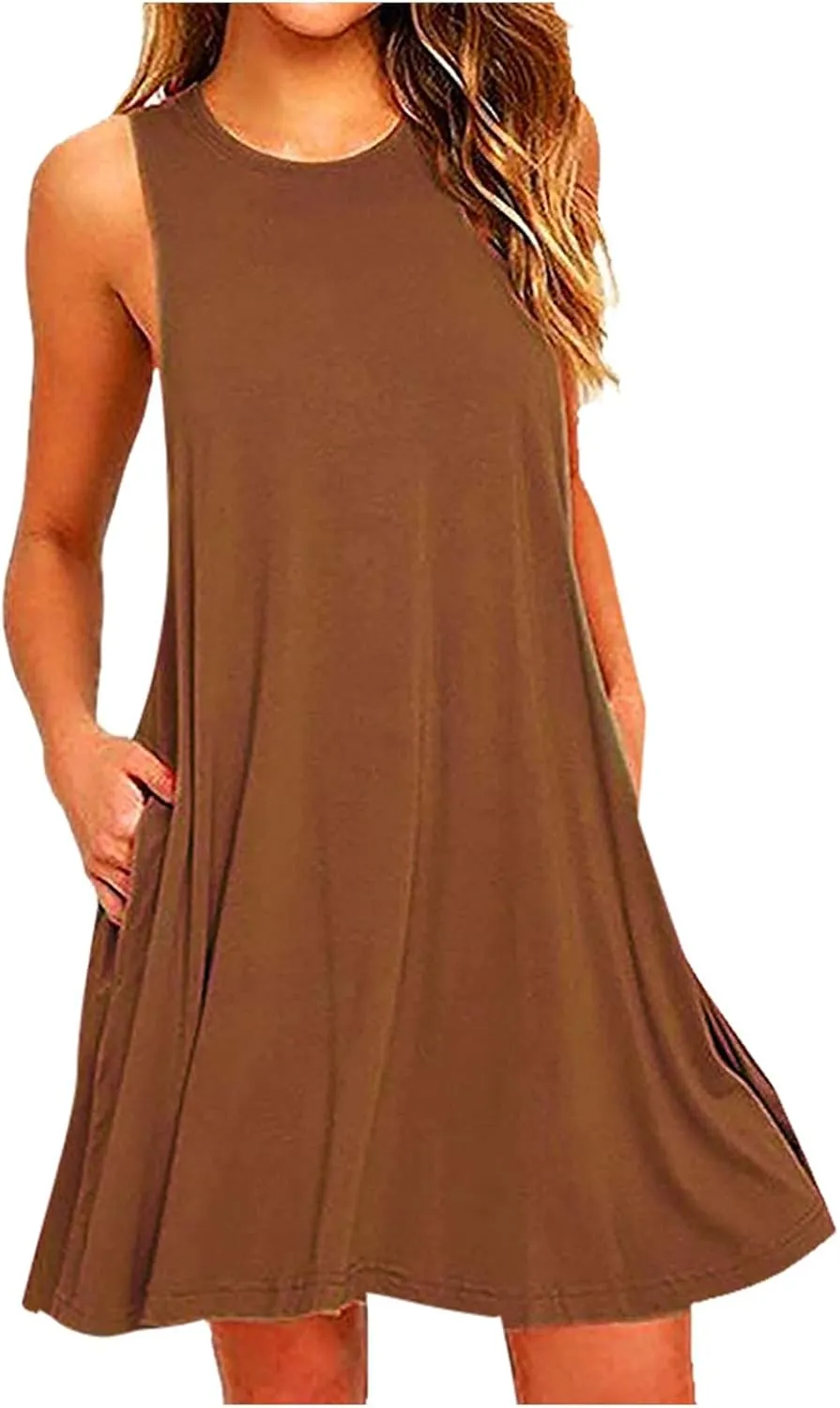 Canbebig Summer Dresses for Women Beach Solid Tshirt Sundress Sleeveless Casual Loose Swing Short Tank Dress with Pockets