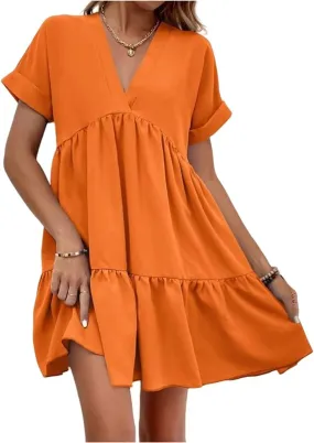 Canbebig Women's Roll Up Short Sleeve V Neck Ruffle Hem Solid Swing Smock Dress Casual Loose Fit Mini Dress Summer Beach Wear