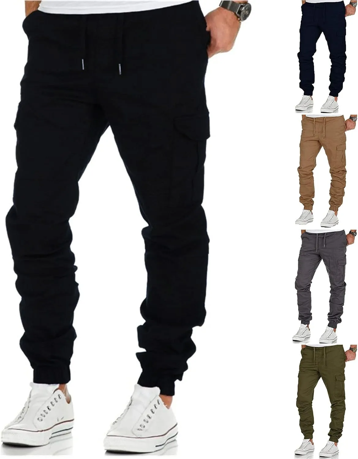 Cargo Pants for Men Relaxed Fit Waist Drawstring Athletic Trousers Casual Stretch Baggy Joggers Pockets Men's Outdoor