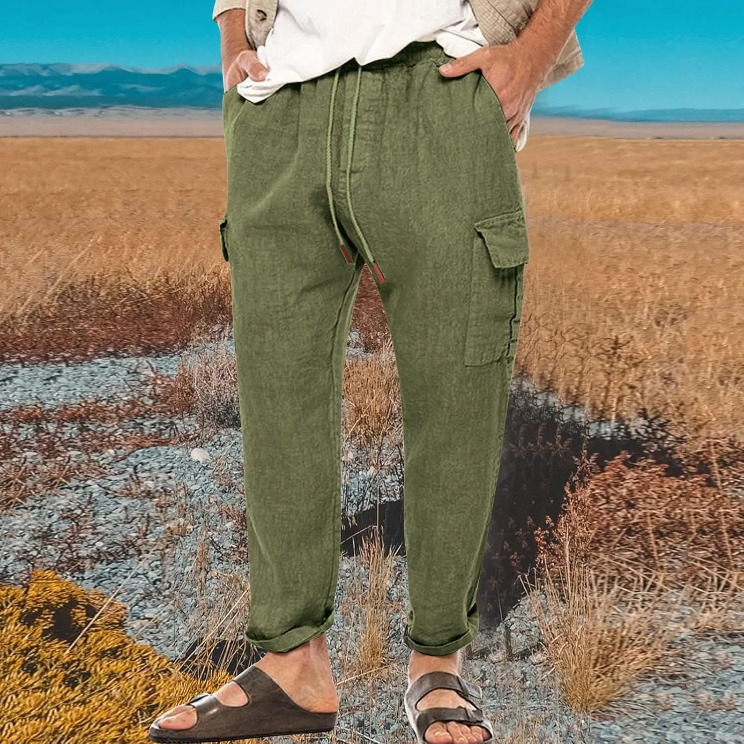 Cargo Pants for Men Slim fit Elastic Waist Tapered Pants Casual Drawstring Ankle Pants Comfy Trendy Summer Trousers