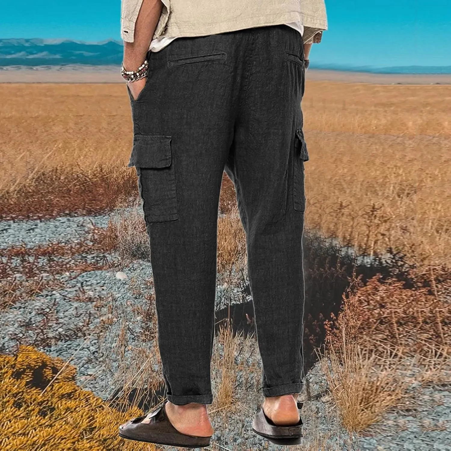 Cargo Pants for Men Slim fit Elastic Waist Tapered Pants Casual Drawstring Ankle Pants Comfy Trendy Summer Trousers