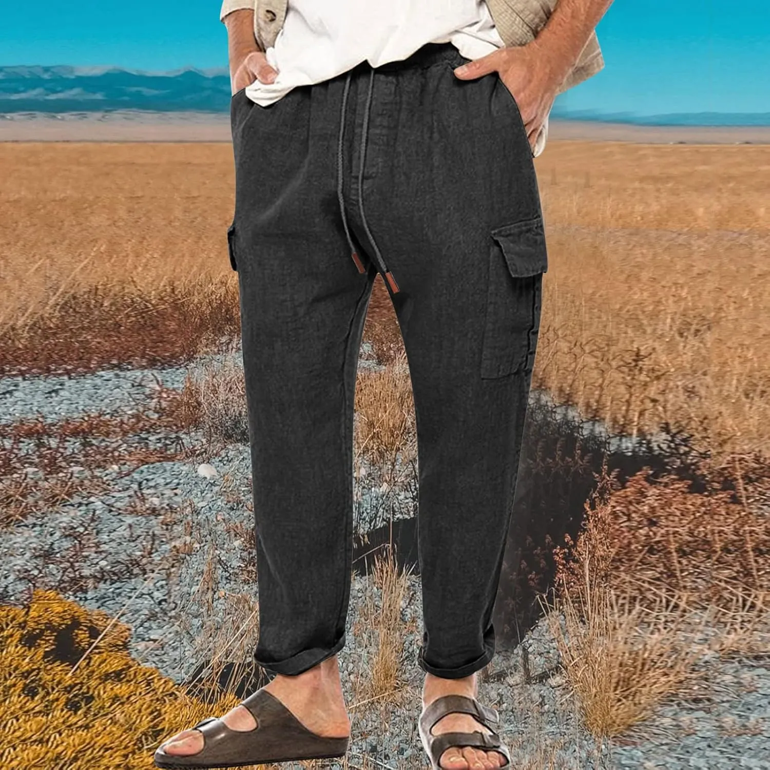 Cargo Pants for Men Slim fit Elastic Waist Tapered Pants Casual Drawstring Ankle Pants Comfy Trendy Summer Trousers