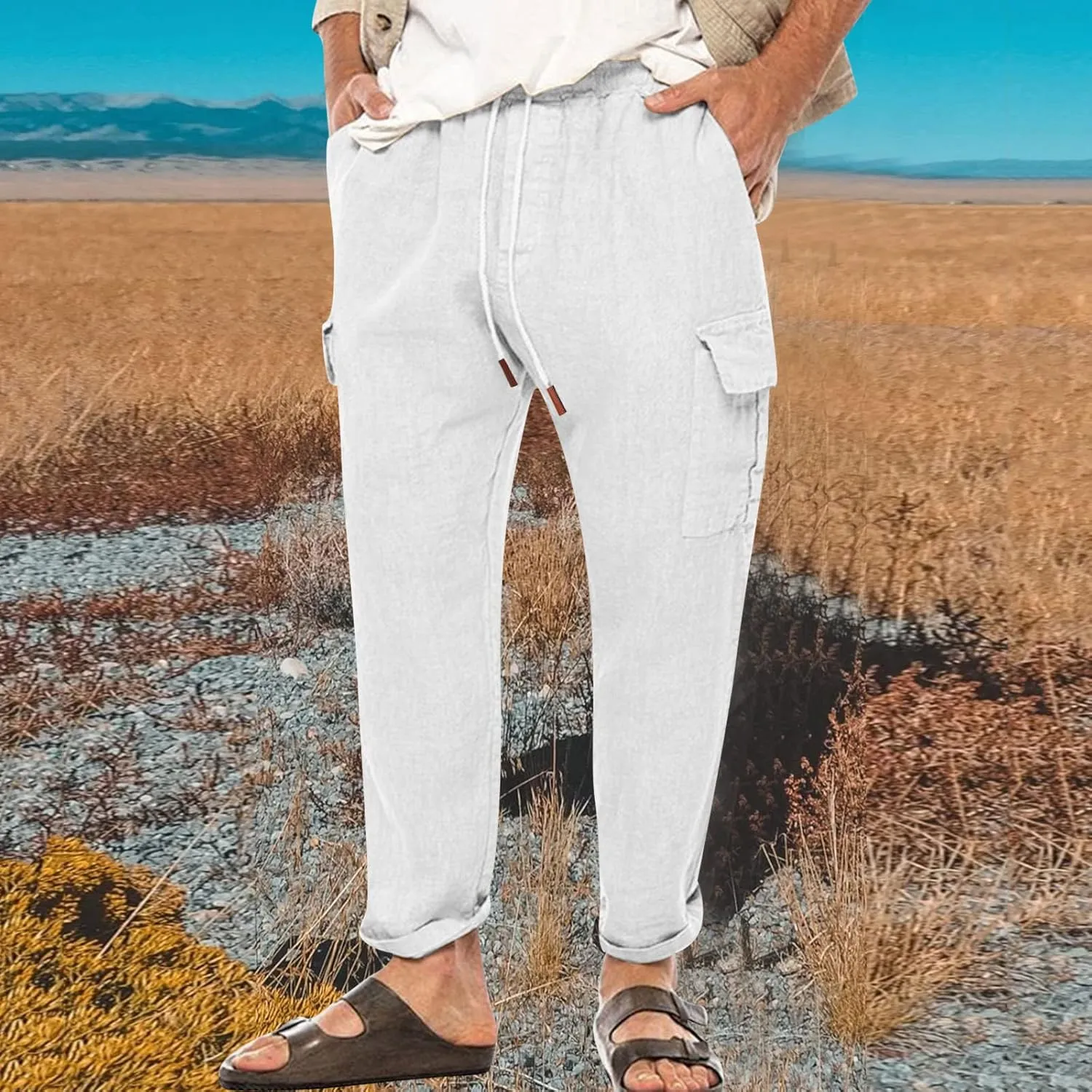 Cargo Pants for Men Slim fit Elastic Waist Tapered Pants Casual Drawstring Ankle Pants Comfy Trendy Summer Trousers