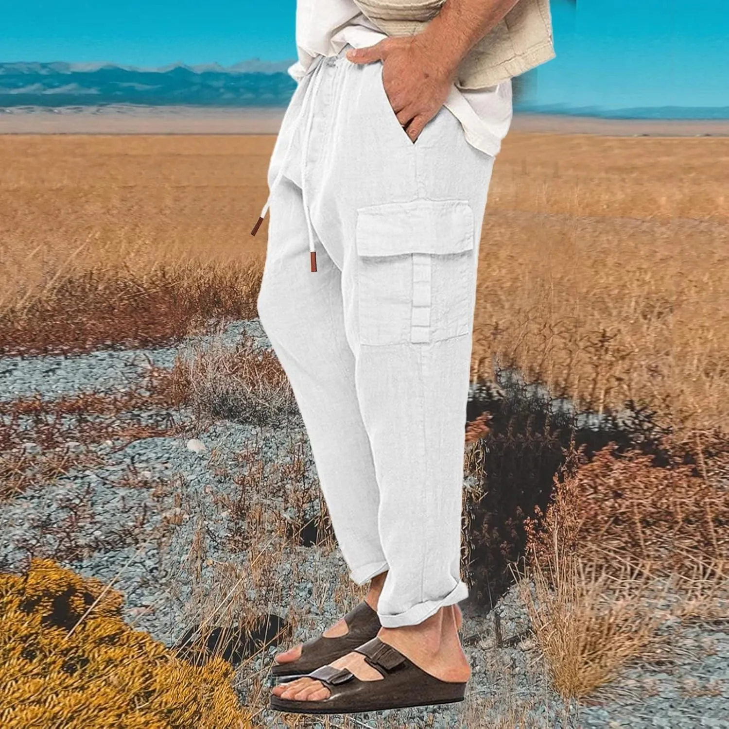 Cargo Pants for Men Slim fit Elastic Waist Tapered Pants Casual Drawstring Ankle Pants Comfy Trendy Summer Trousers