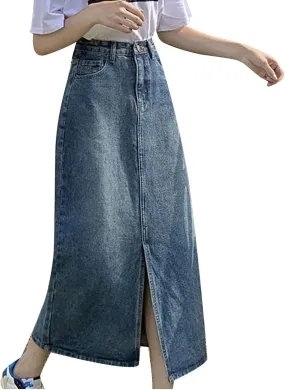 Cargo Skirts for Women with Pocket Midi Length Denim Skirt High Waisted Maxi Skirt Tie Split Jean Skirt Summer Skirts