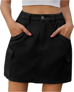 Casual Cargo Denim Skirt for Women High Waisted Jean Skirts Button Up Zipper Elastic Skirt Stretchy Elastic Skirts