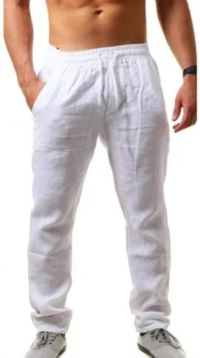 Casual Linen Cotton Pants Men Big and Tall Drawstring Pants Elastic Waist Trousers Slim Fit Dress Pants Lounge Pants