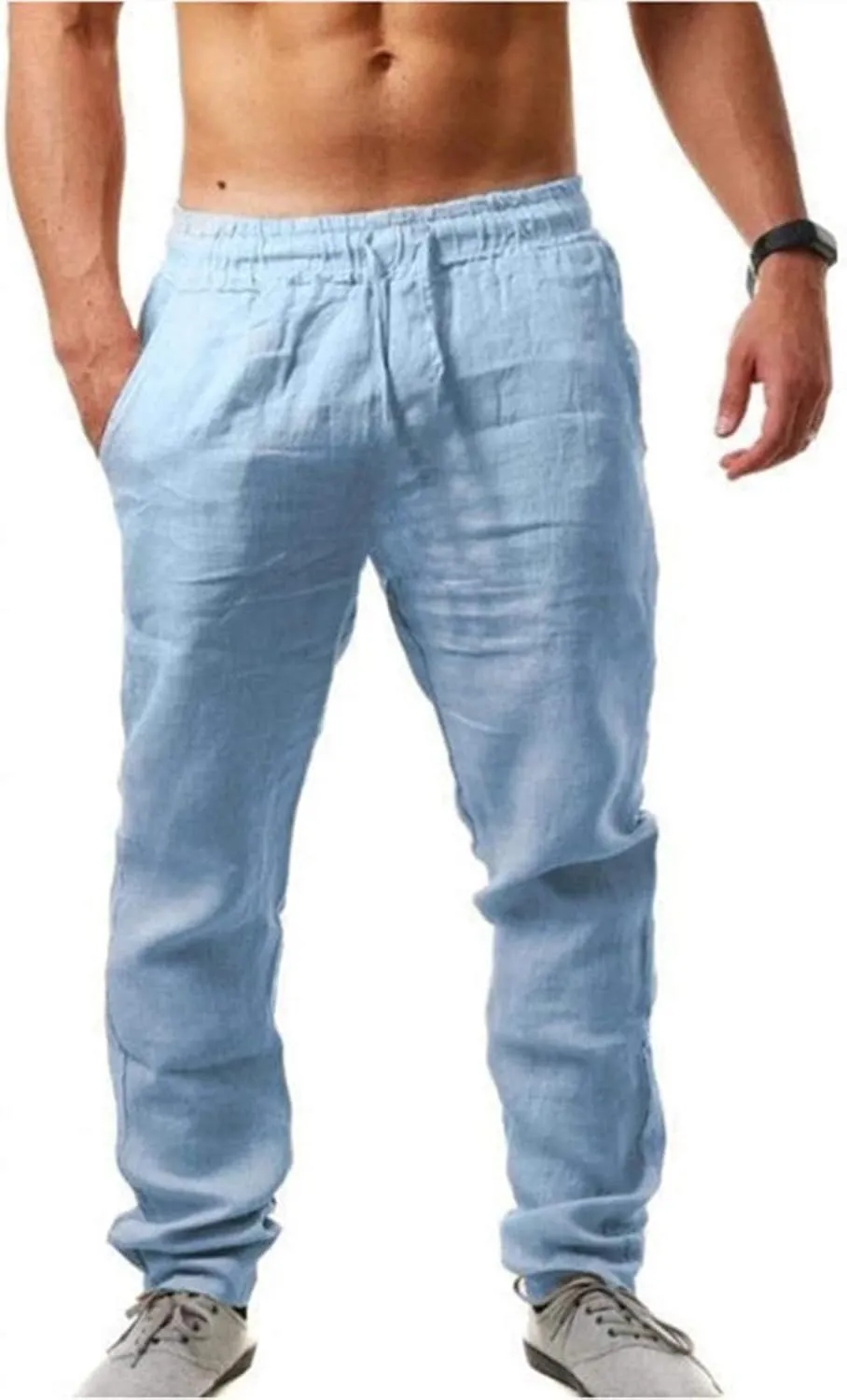 Casual Linen Cotton Pants Men Big and Tall Drawstring Pants Elastic Waist Trousers Slim Fit Dress Pants Lounge Pants