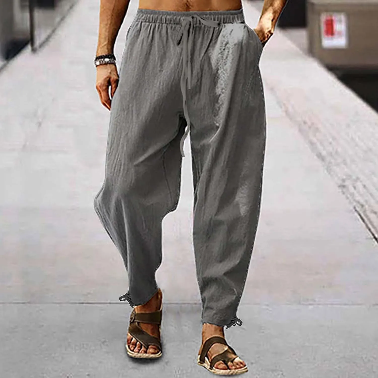 Casual Linen Pant Men Plus Size Baggy Elastic Drawstring Waist Harem Pant Lightweight Summer Beach Capris with Pocket