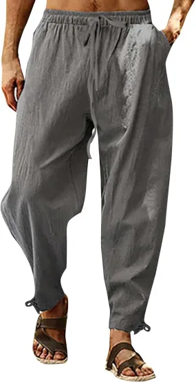 Casual Linen Pant Men Plus Size Baggy Elastic Drawstring Waist Harem Pant Lightweight Summer Beach Capris with Pocket