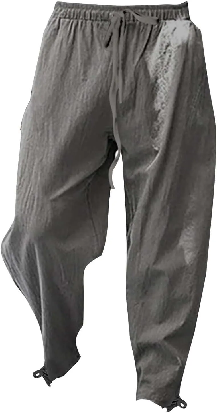 Casual Linen Pant Men Plus Size Baggy Elastic Drawstring Waist Harem Pant Lightweight Summer Beach Capris with Pocket