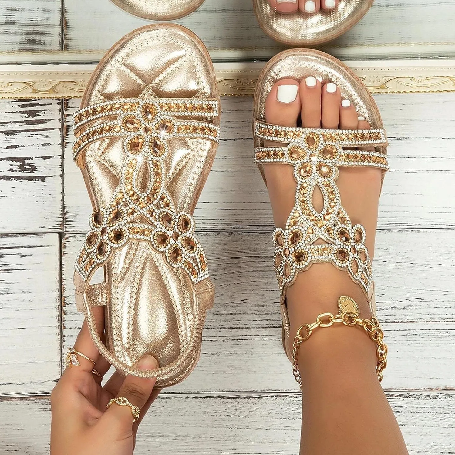 Cathalem Flat Sandals for Women Dressy Flat Women's Rhinestone Beaded Flower Bohemia Low Heeled Sandals