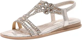 Cathalem Flat Sandals for Women Dressy Flat Women's Rhinestone Beaded Flower Bohemia Low Heeled Sandals
