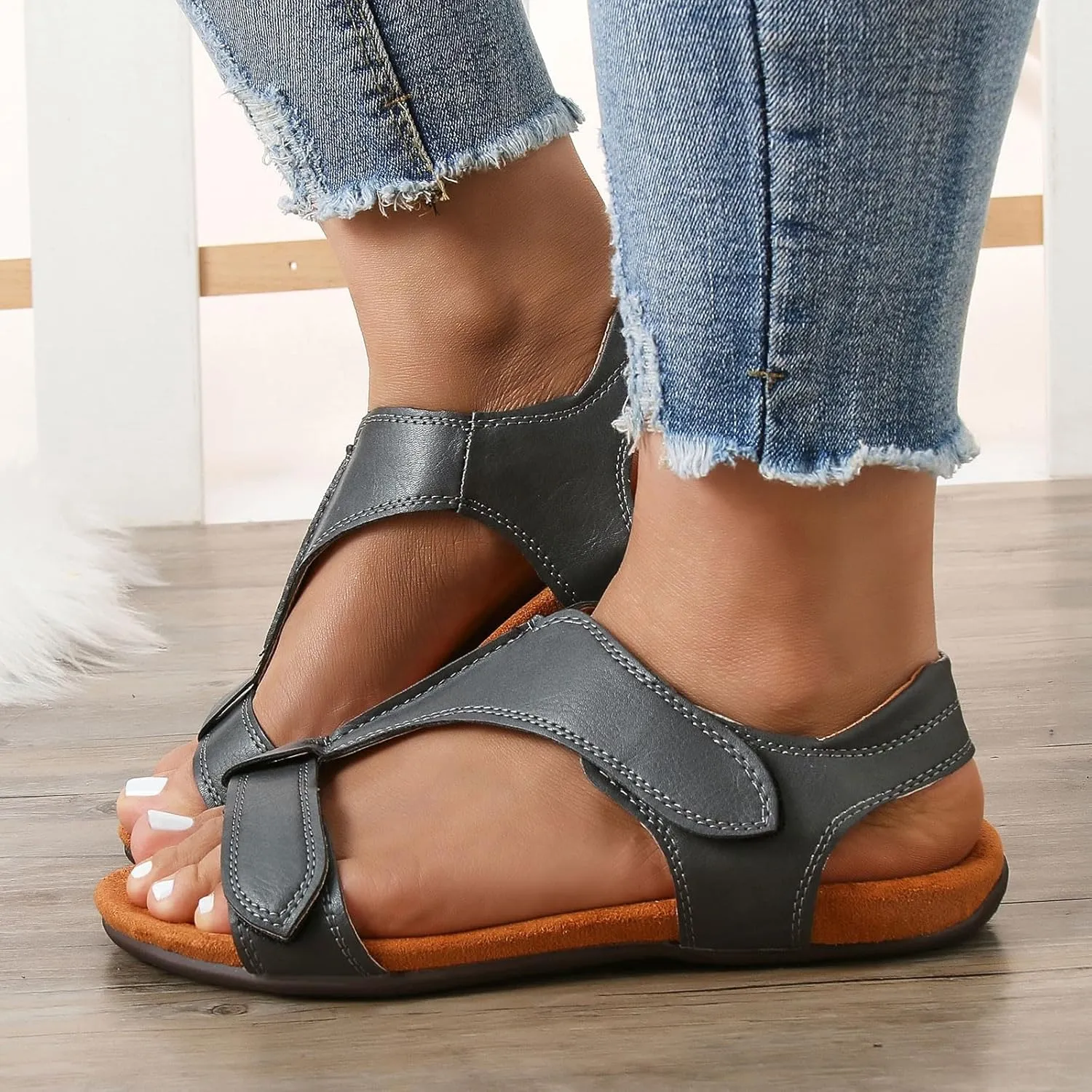 Cathalem Sandals for Women 2024 Comfy Orthotic Sandals Womens Arch Support Leather Flat Sandals Flat Casual Beach Sandals