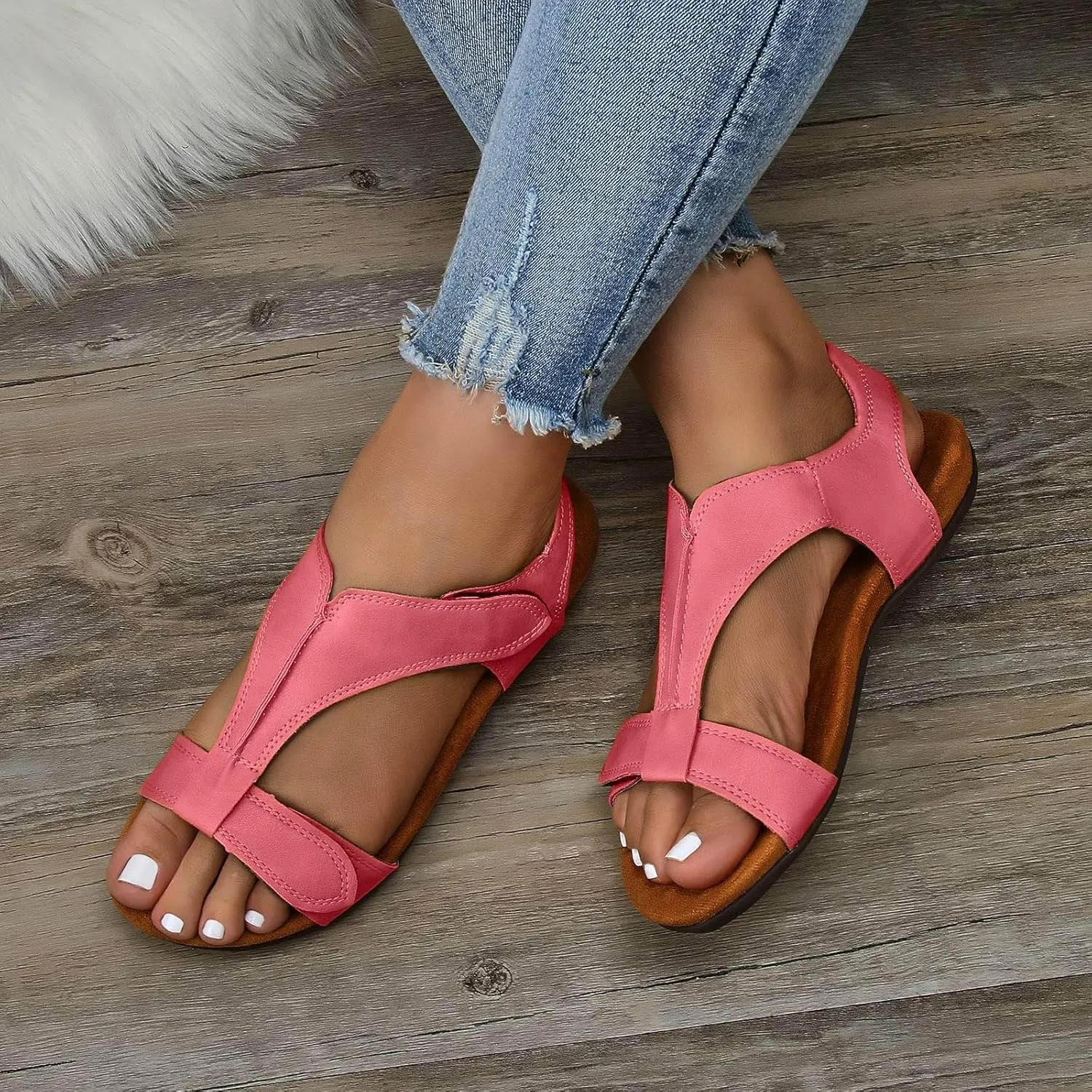 Cathalem Women's Comfy Orthotic Sandals 2024 Womens Arch Support Flat Sandals Flat Arch Massage Casual Beach Sandals