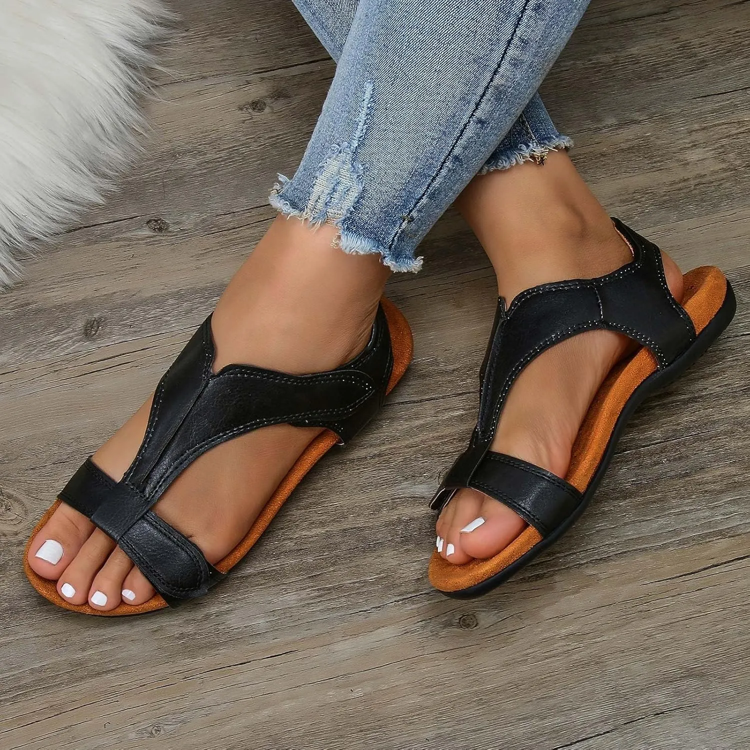 Cathalem Women's Comfy Orthotic Sandals 2024 Womens Arch Support Flat Sandals Flat Arch Massage Casual Beach Sandals