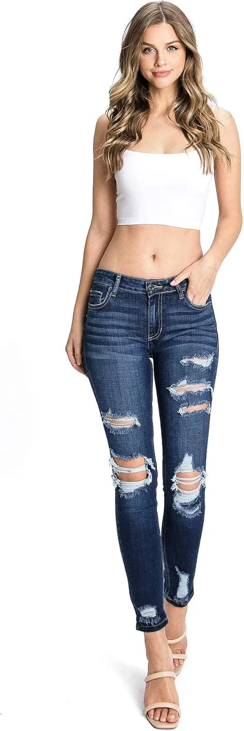 Cello Jeans Women's Juniors Mid Rise Distressed Skinny Jeans