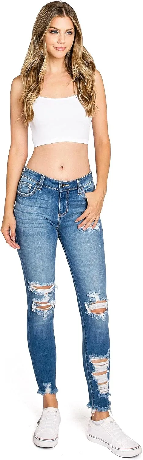 Cello Jeans Women's Juniors Mid Rise Distressed Skinny Jeans