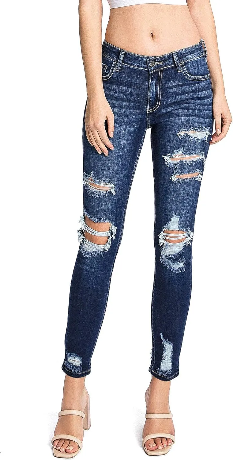 Cello Jeans Women's Juniors Mid Rise Distressed Skinny Jeans