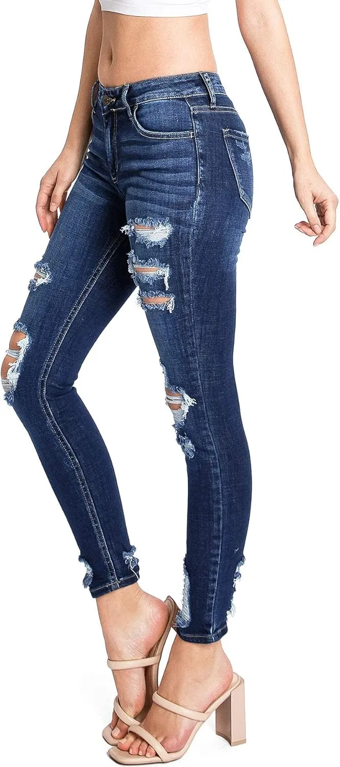 Cello Jeans Women's Juniors Mid Rise Distressed Skinny Jeans