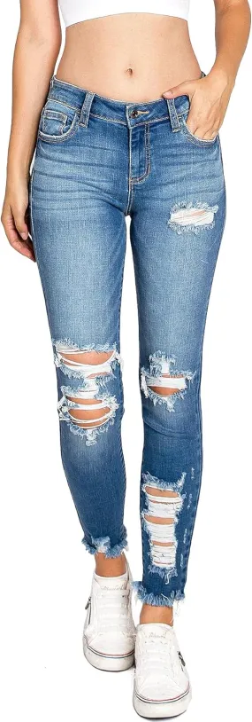 Cello Jeans Women's Juniors Mid Rise Distressed Skinny Jeans
