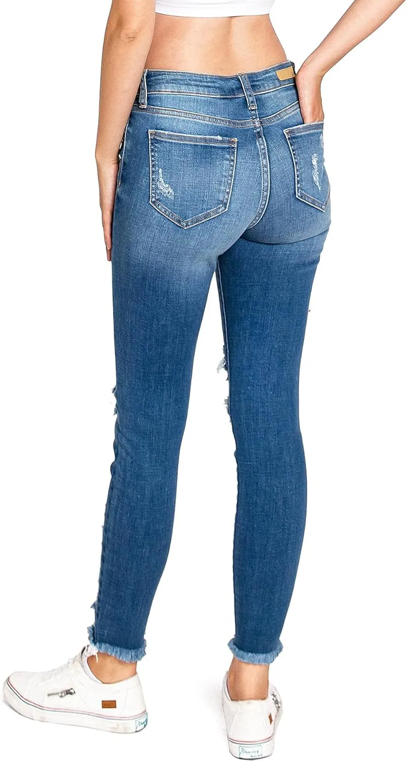 Cello Jeans Women's Juniors Mid Rise Distressed Skinny Jeans